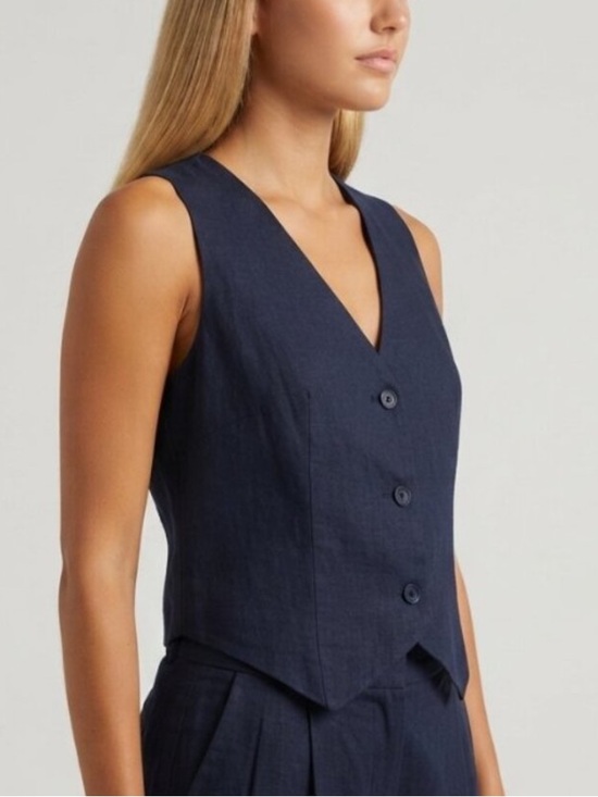 Quince Jackets & Blazers - Quince Women's Deep Navy 100% European Linen Vest Size Medium 39848